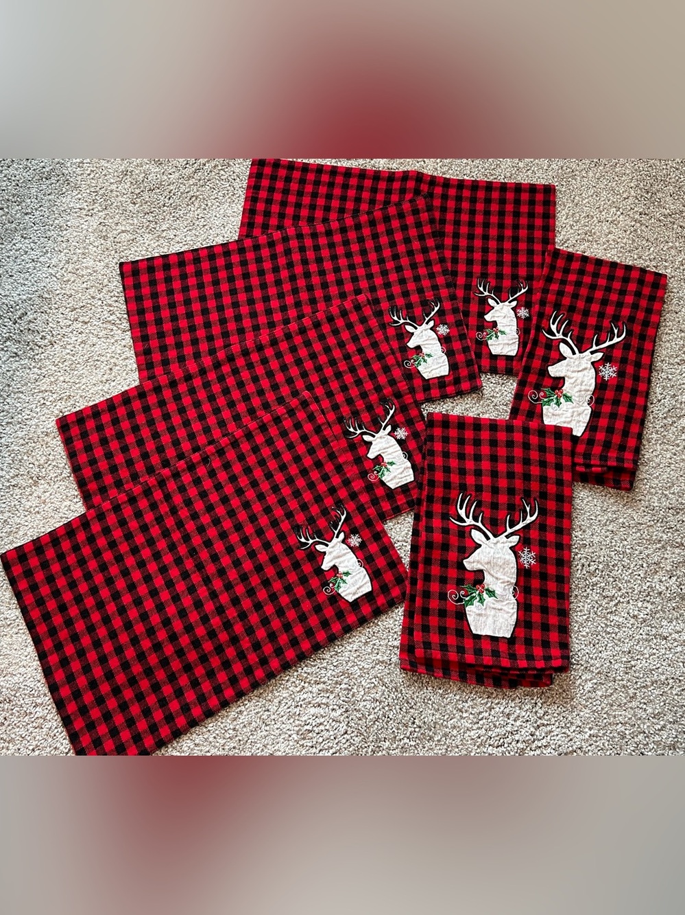 Kay Dee Designs Holiday Tea Towels (2) & Placemats (4). Red&black buffalo check.